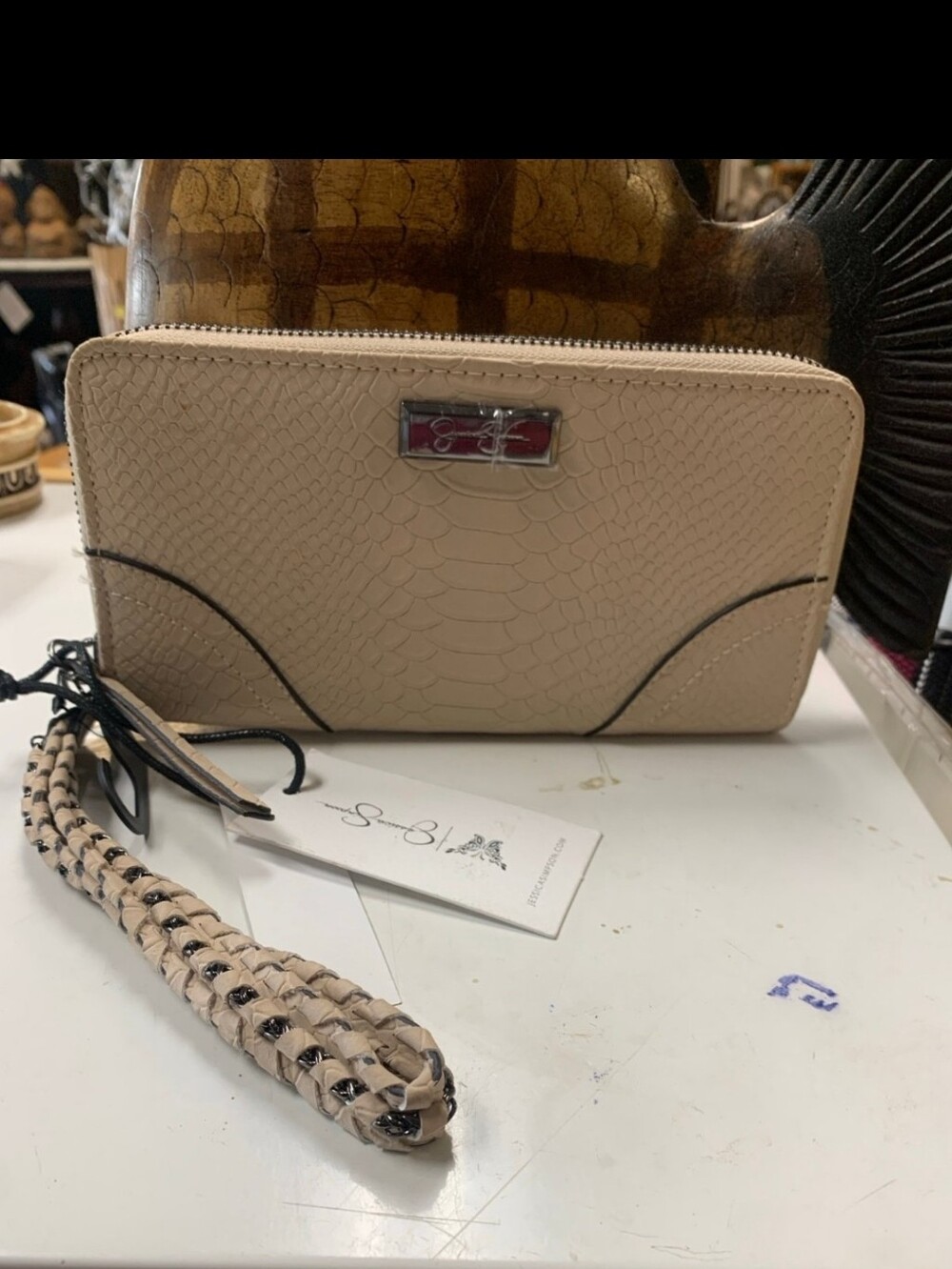 Jessica Simpson Beige Croc-Embossed Wristlet with Braided Strap